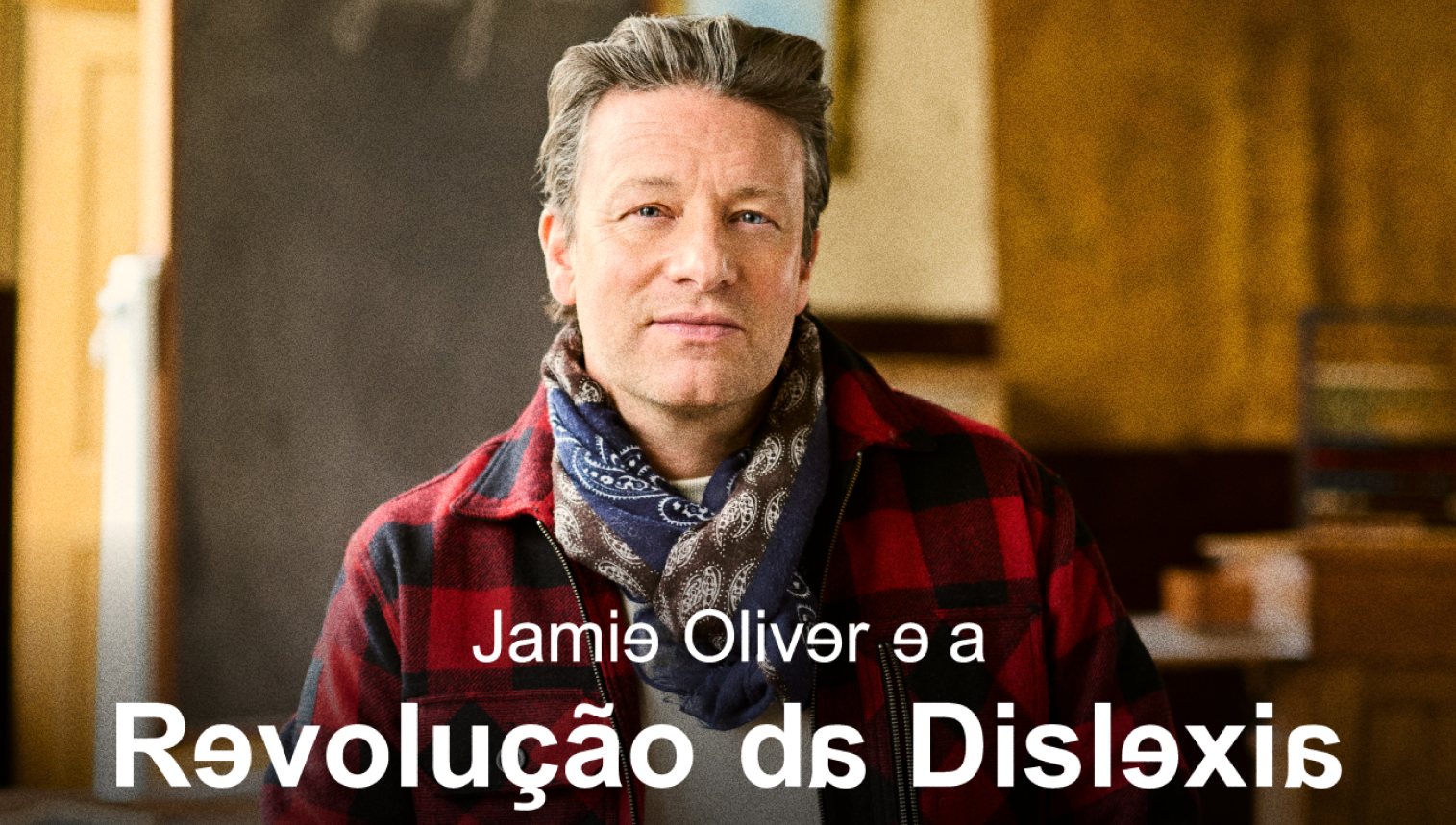 Arte de documentário com o retrato de um homem de camisa xadrez e título estilizado sobre a revolução da dislexia.